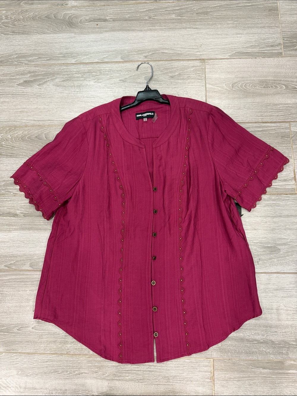 Karl Lagerfeld Women's Burgundy Button-Front Short Sleeve Top M